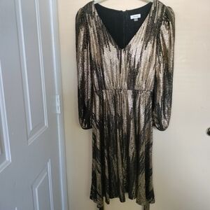 Gold Black Metallic Belted Elastic Waist Lined Dress 12 Stretch Formal Party